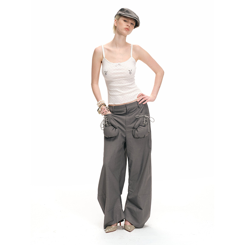 Gray Boxing Glove Low-Rise Suit Pants