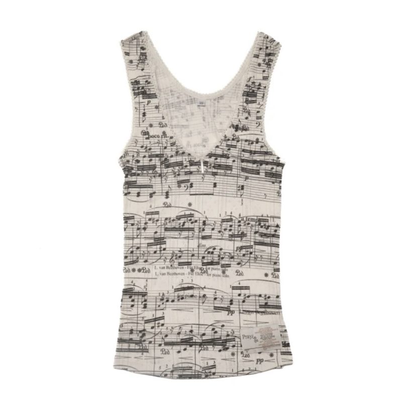 Praying MUSIC NOTE PRINT POINTELLE TANK TOP